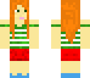 red haired girl in green and red