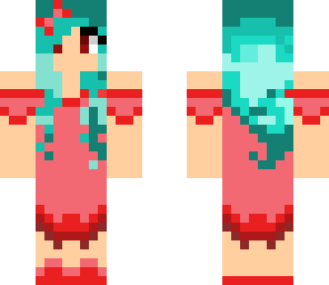 blue haired girl with red dress
