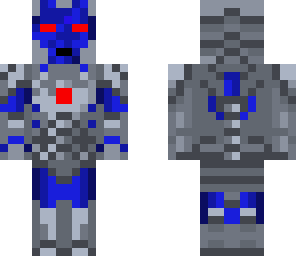 silver and blue iron man with red eyes