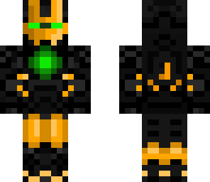 black and orange suit iron man with green reactor