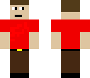 red tee with brown pants