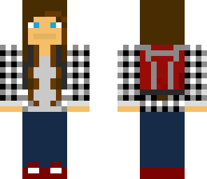 old red back pack on a brown haired girl