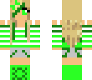 green lady with headphones and ribbon