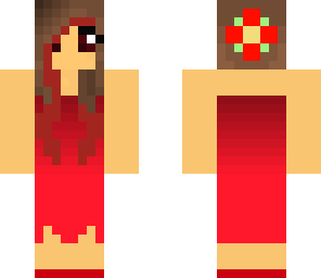girl wearing a red dress with a flower pin