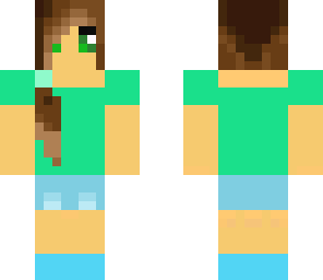 girl in a green top with shorts and ponytail fixed