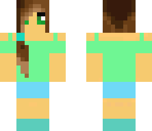 girl in a green top with shorts and ponytail