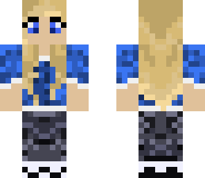 black jeans blonde female blue shirt