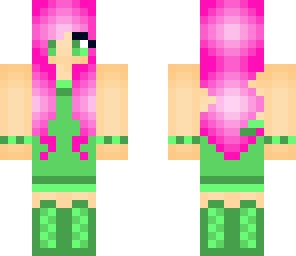 pink hair and green dress