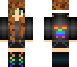 brown haired girl with rainbow creeper sweatshirt