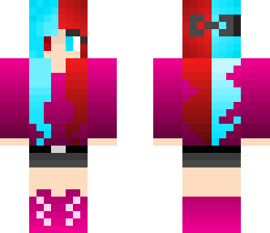 blue and red haired girl with bow