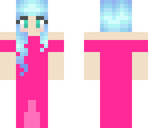 girl in pink dress with blue hair