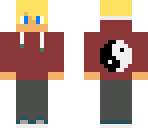 blonde boy with blood red hoodie