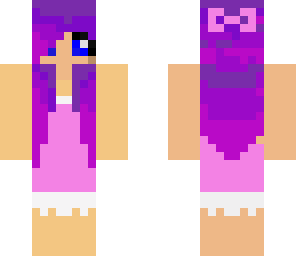 a purple haird girl with a bow