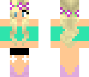 mint shirt with blonde hair and pink shoes