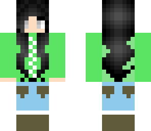 black hair with green zip jacket