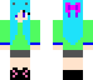 blue haired girl with green top