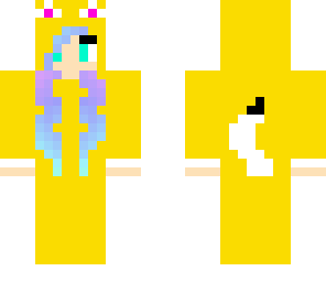 rainbow haird girl in a yellow cat costume