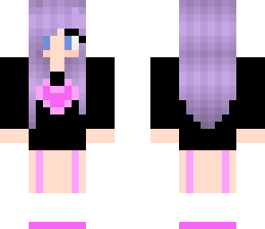 purple haired girl with black dress and heart