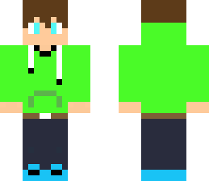 green hoodie with headphones and blue shoes