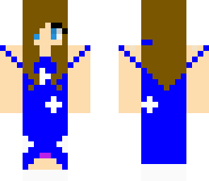 short brown haired girl with blue dress