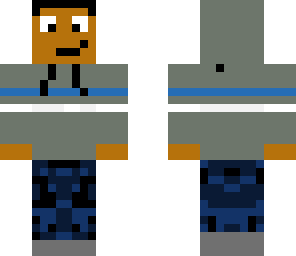grey with blue and wight jacket