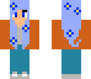 blue haired girl with red sweater