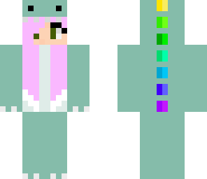 dino suit girl with pink hair