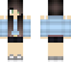 long grey-brown hair  blue outfitt