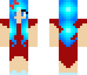 girl with blue hair and red dress