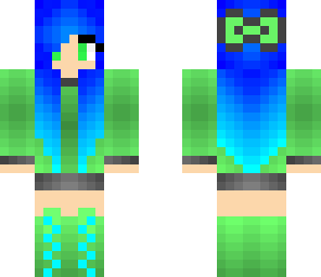 blue haired girl in green outfit