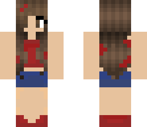 brunette in a red shirt with a blue skirt