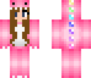 pink dino girl with blue gray eyes and brown hair
