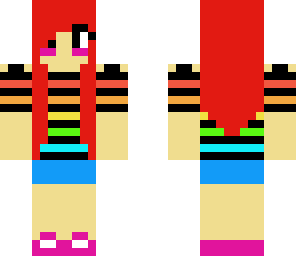 rainbow shirt and a blue skirt
