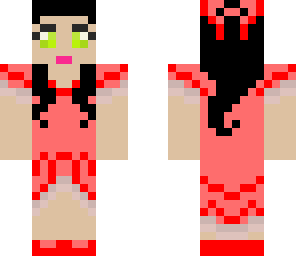 jen with black hair and red dress