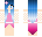 blue haired girl with pink dress