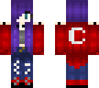 purple hair and red shirt