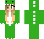 green dino onesie  girl with blonde hair