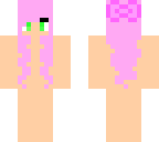 pink haired girl with green eyes with bow