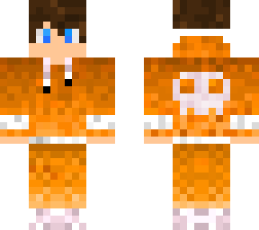 orange hoodie w/ hood slightly down