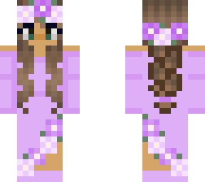 brunette g.irl w/long purple floral dress, green eyes and a purple flower crown.