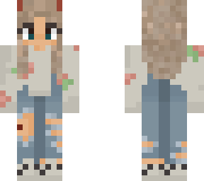 blonde hair girl w/ grey floral shirt, blue eyes, overalls, and checkered shoes