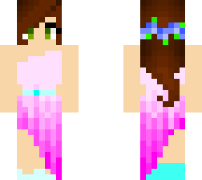girl in pink dress and blue flowers
