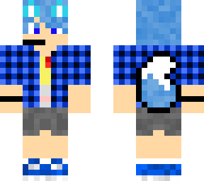 cute wolf boi wearing blue flannel/plad shirt above i