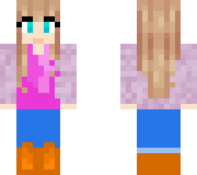 auburn haired girl with a purple jacket, pink shirt, jeans and boots