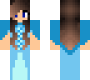 brown hair, blue dress