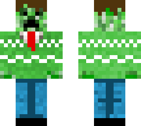 creeper with lime wooly jumper and headphones and jeans