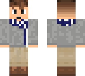 simple brunette boy with a blue scarf and a gray sweater
