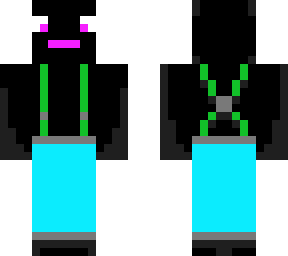 cyan pants, green suspenders, pink eyes, gray highlights