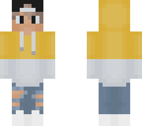 yellow/white hoodie blue jeans and hat