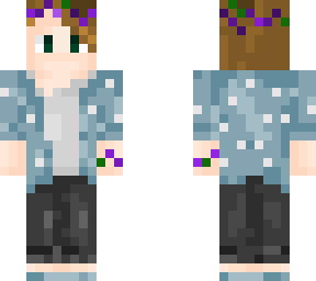 blue shirt, purple flowers